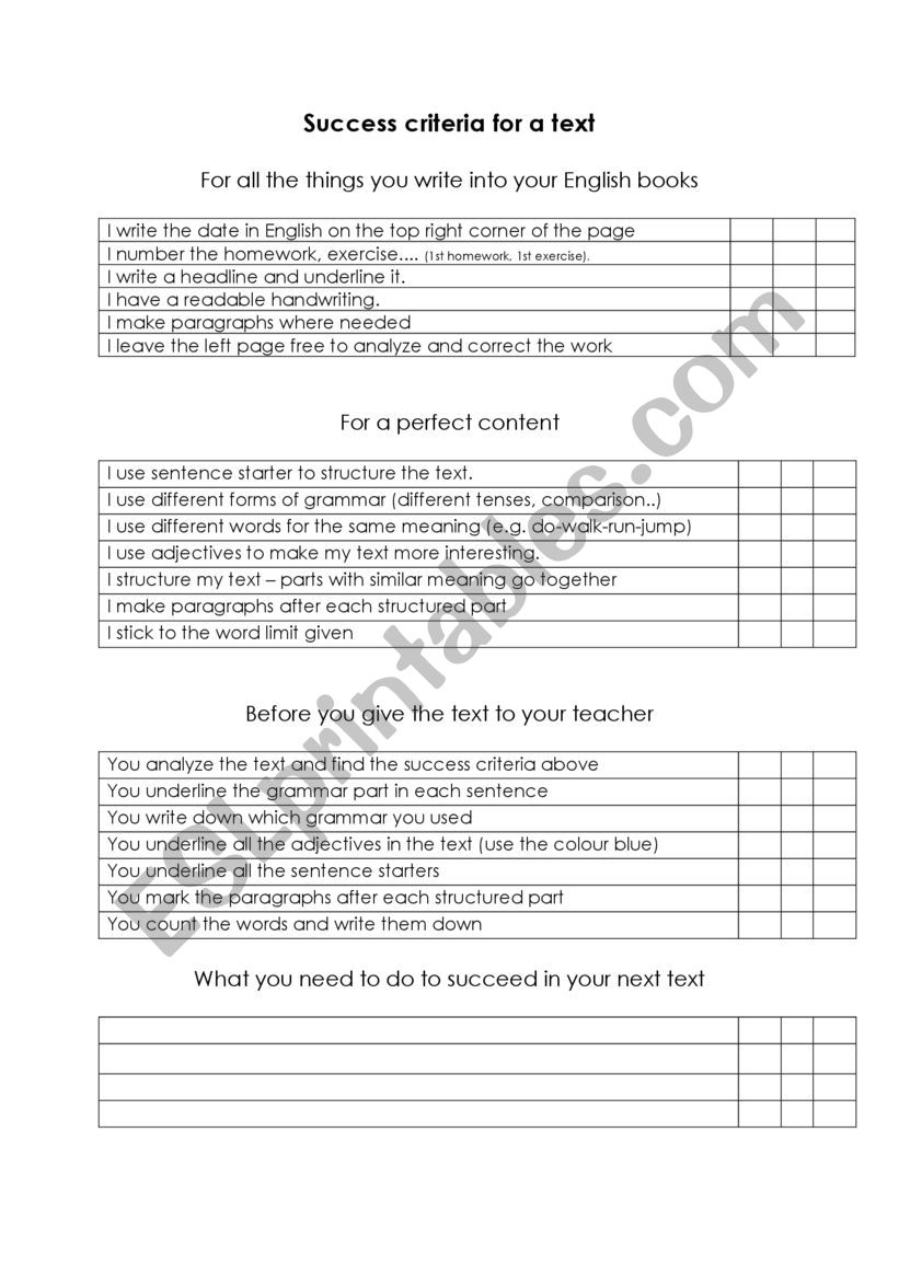 Success criteria for writing a text