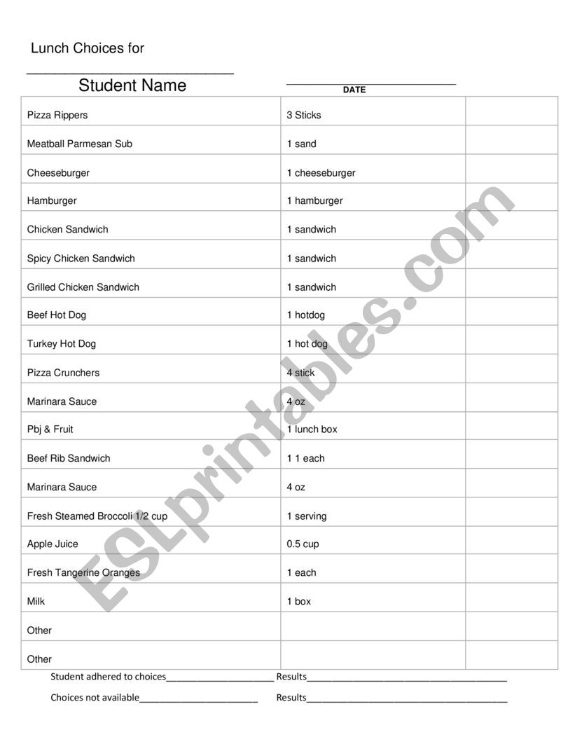 Menu Choice Sheet worksheet