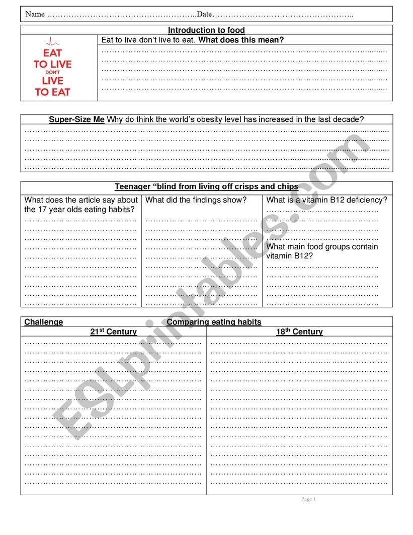 Introduction to food worksheet