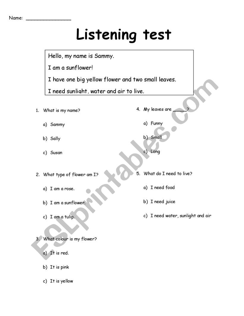 Listening test, plants worksheet