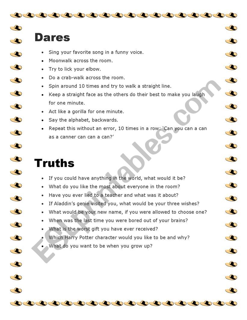 Truths and dares  worksheet