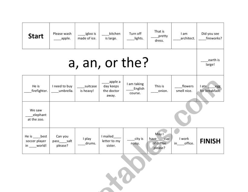 article an an board game  worksheet