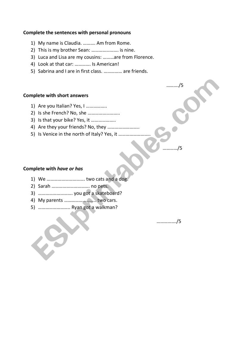 pronouns, to be, to have worksheet