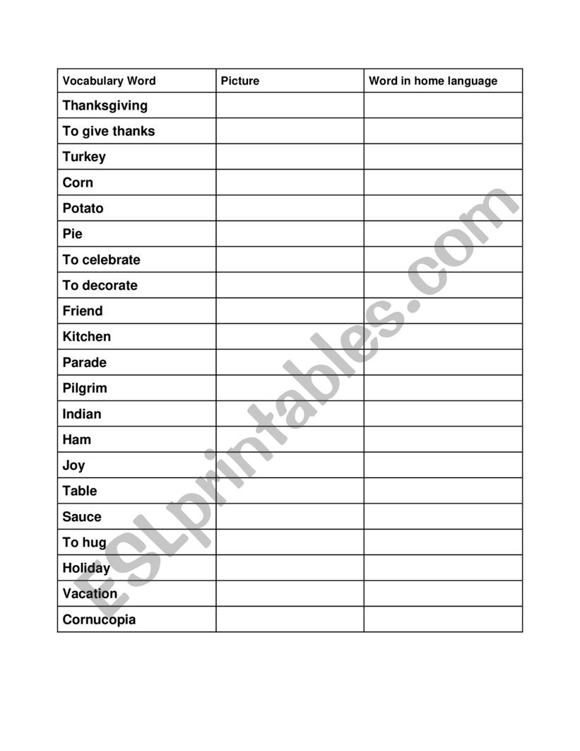 Thanksgiving Vocabulary Page worksheet