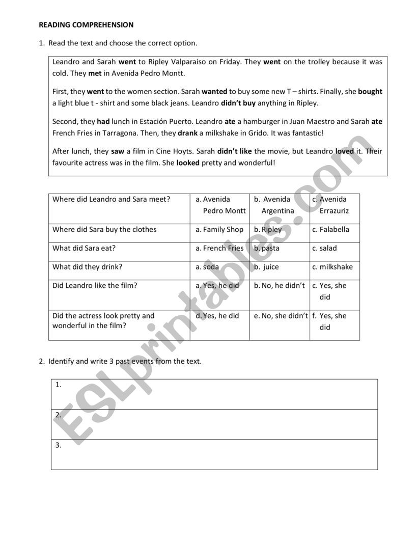 Past Tense reading Comprehension ESL Worksheet By Cototex