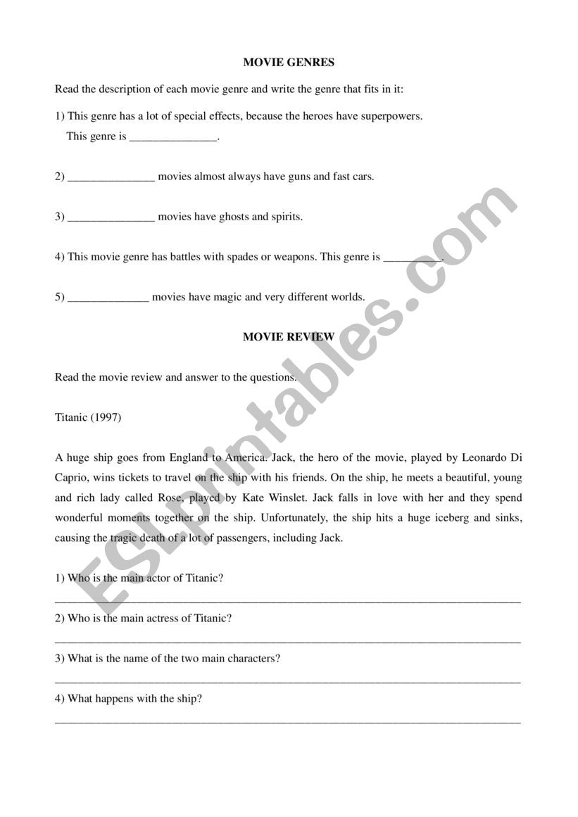 Movie Genres and Movie Review worksheet