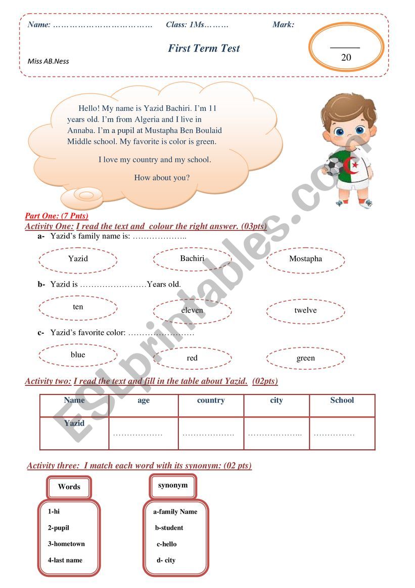 Yazid is an Algerian boy worksheet