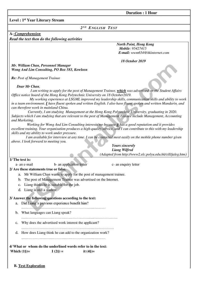 LETTER OF APPLICATION TEST worksheet