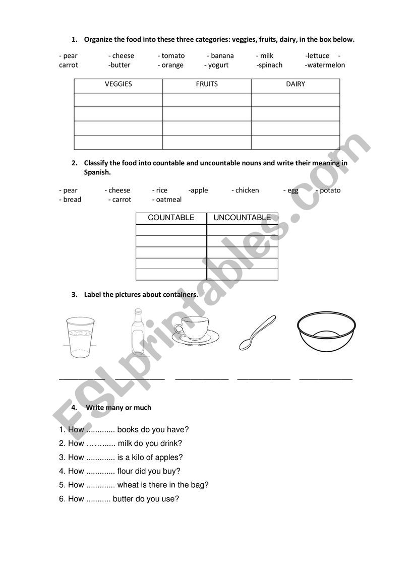 COUNTABLES AND UNCOUNTABLES worksheet