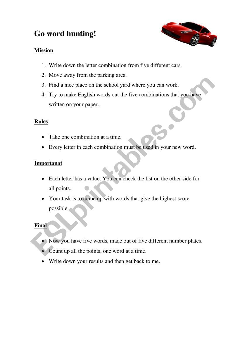 Go wordhunting worksheet