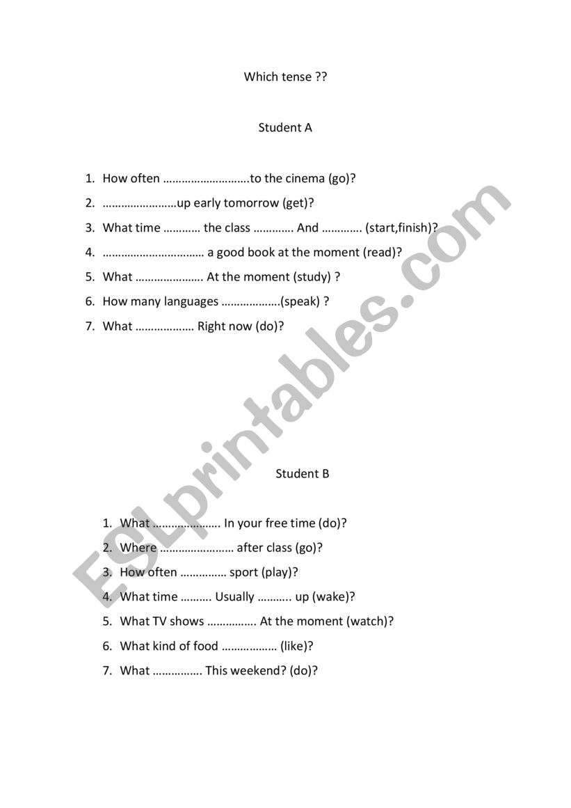 present tenses speaking worksheet