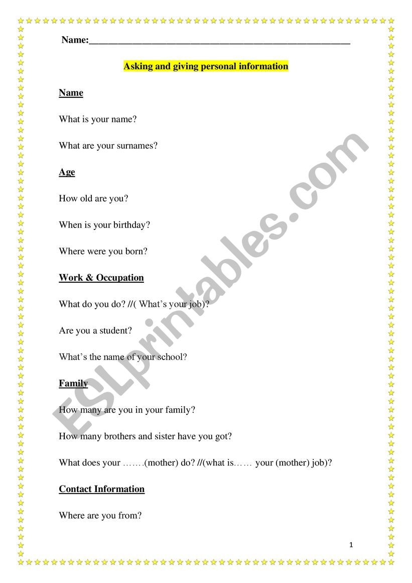 All about Me worksheet