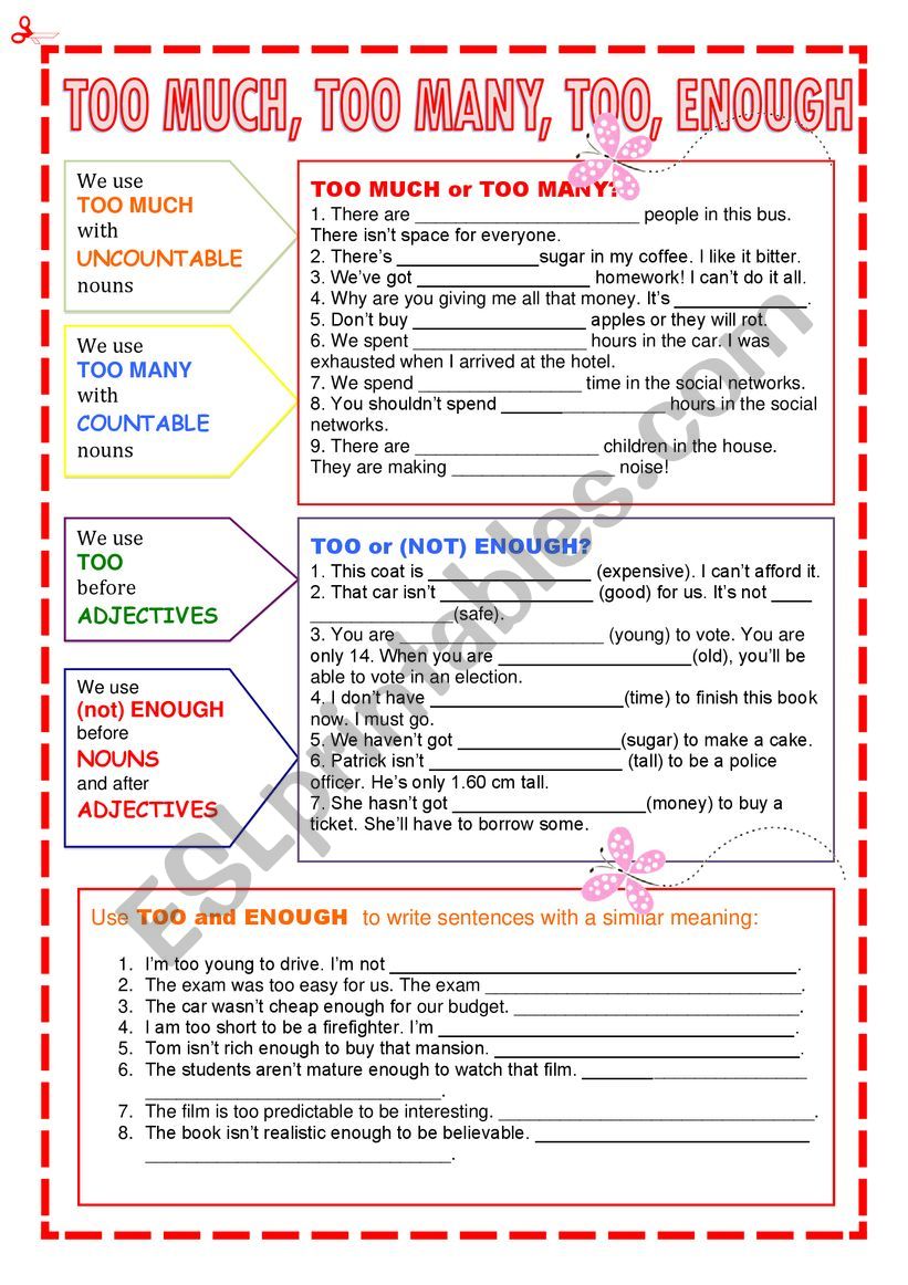 Too much, too many, too, enough - ESL worksheet by Nuria08