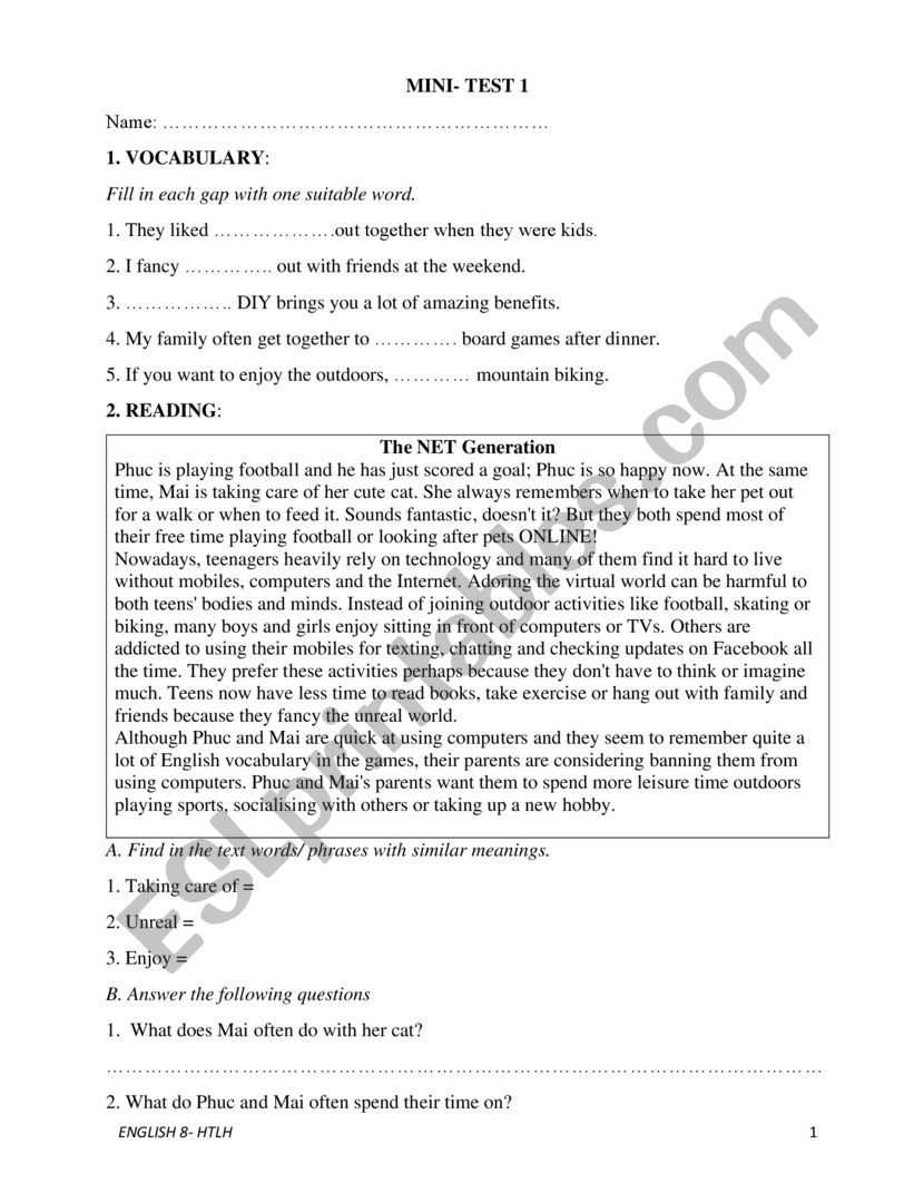 English 8- unit 1 worksheet
