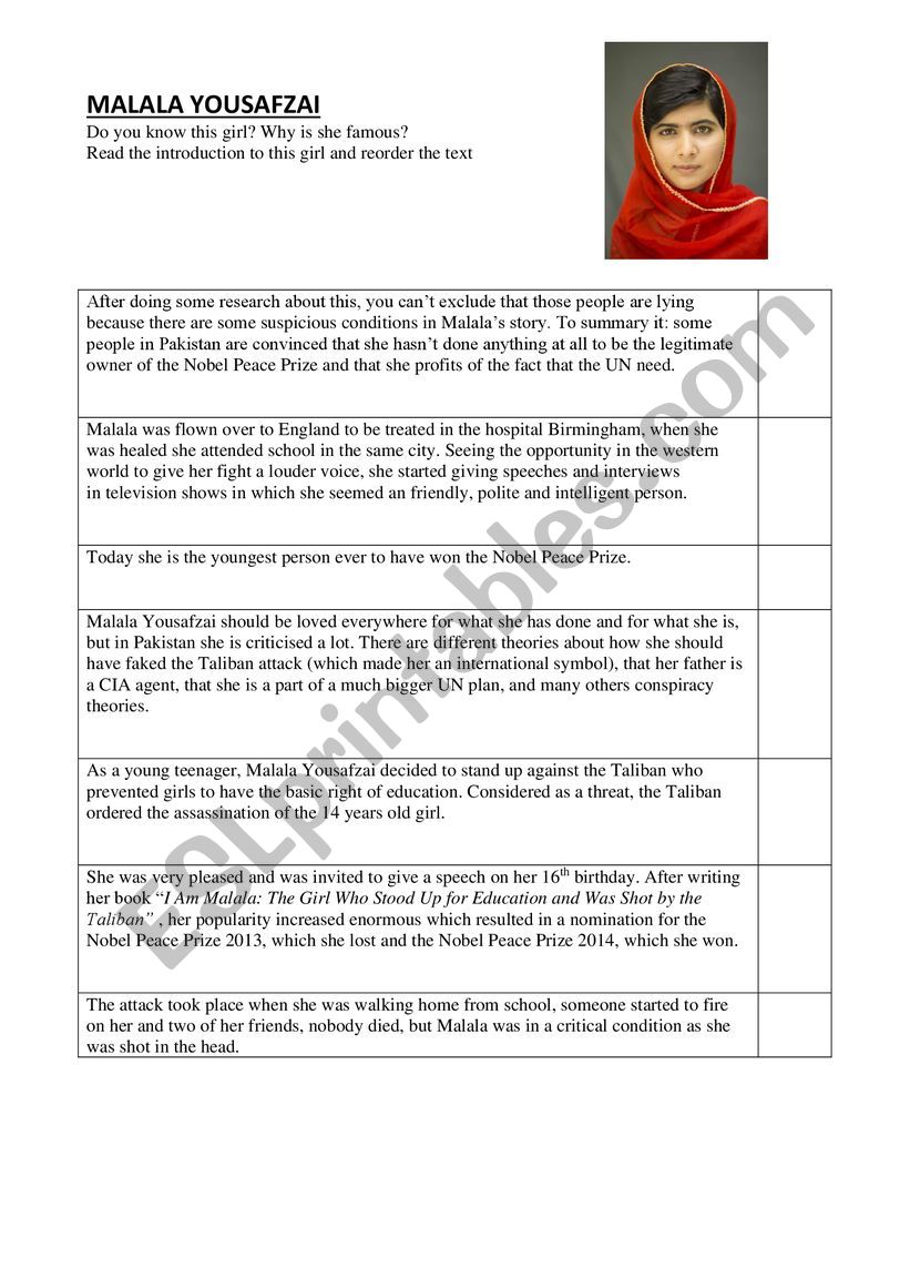 Malala worksheet