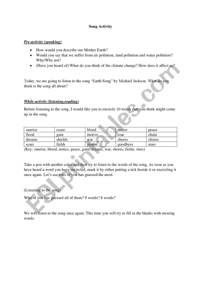 Song Activity - Earth Song worksheet