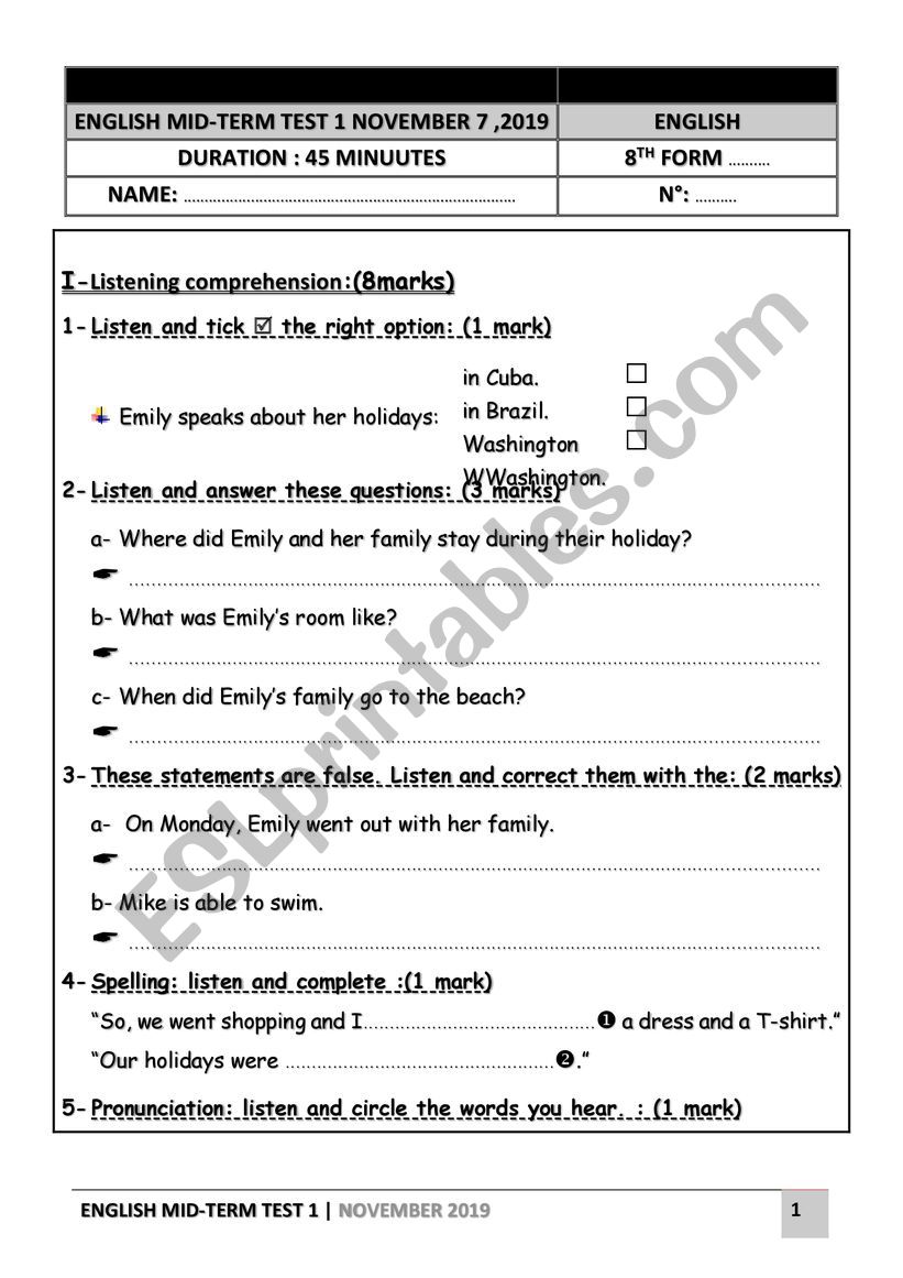 8th form test N° 1 - ESL worksheet by lolitta english