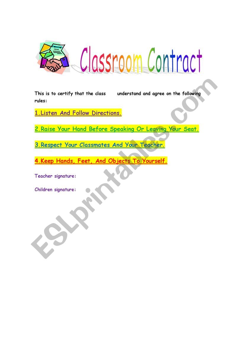 Classroom contract (rules) worksheet