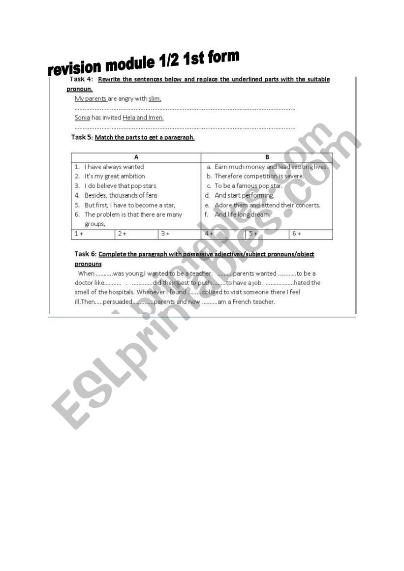 revision module 1/2 for 1st form tunisian students