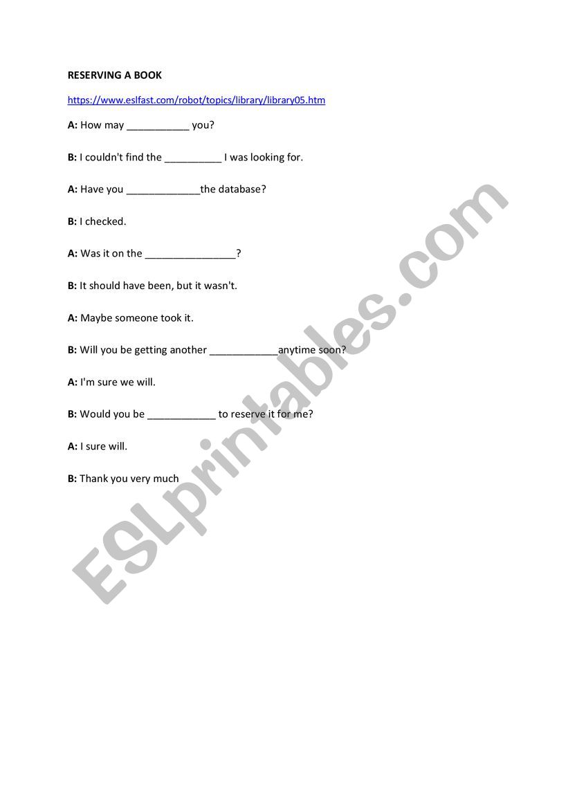 reserving a book worksheet