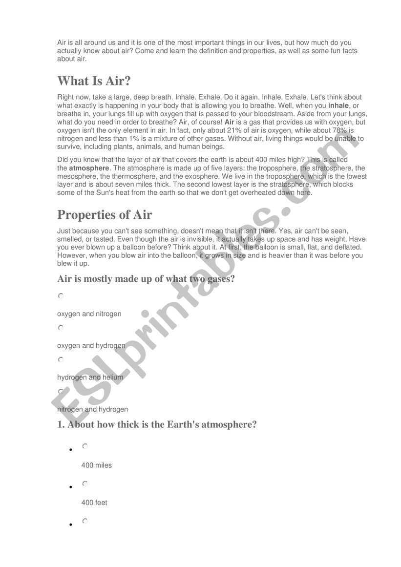 Air is around worksheet