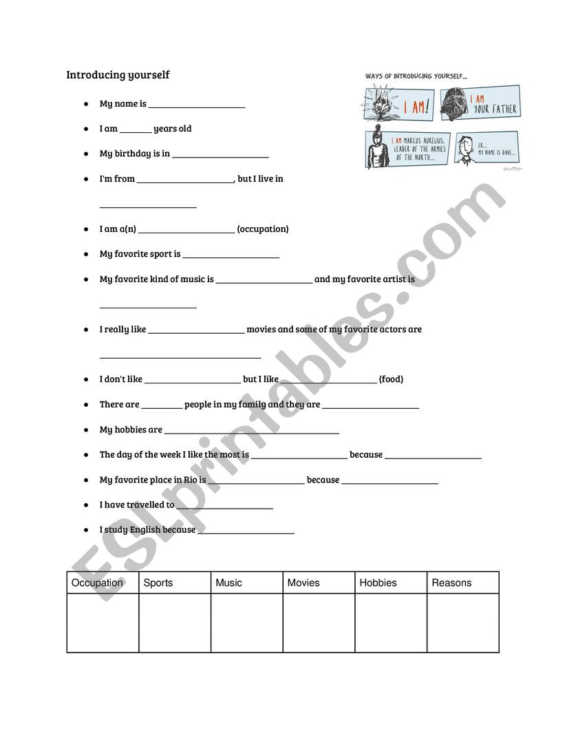 Introducing yourself worksheet