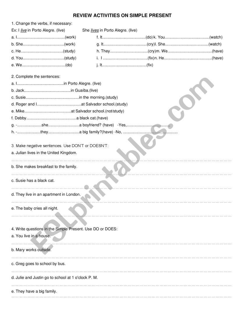 Review on Simple Present worksheet