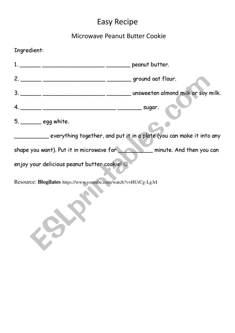 Quantifiers for cooking worksheet