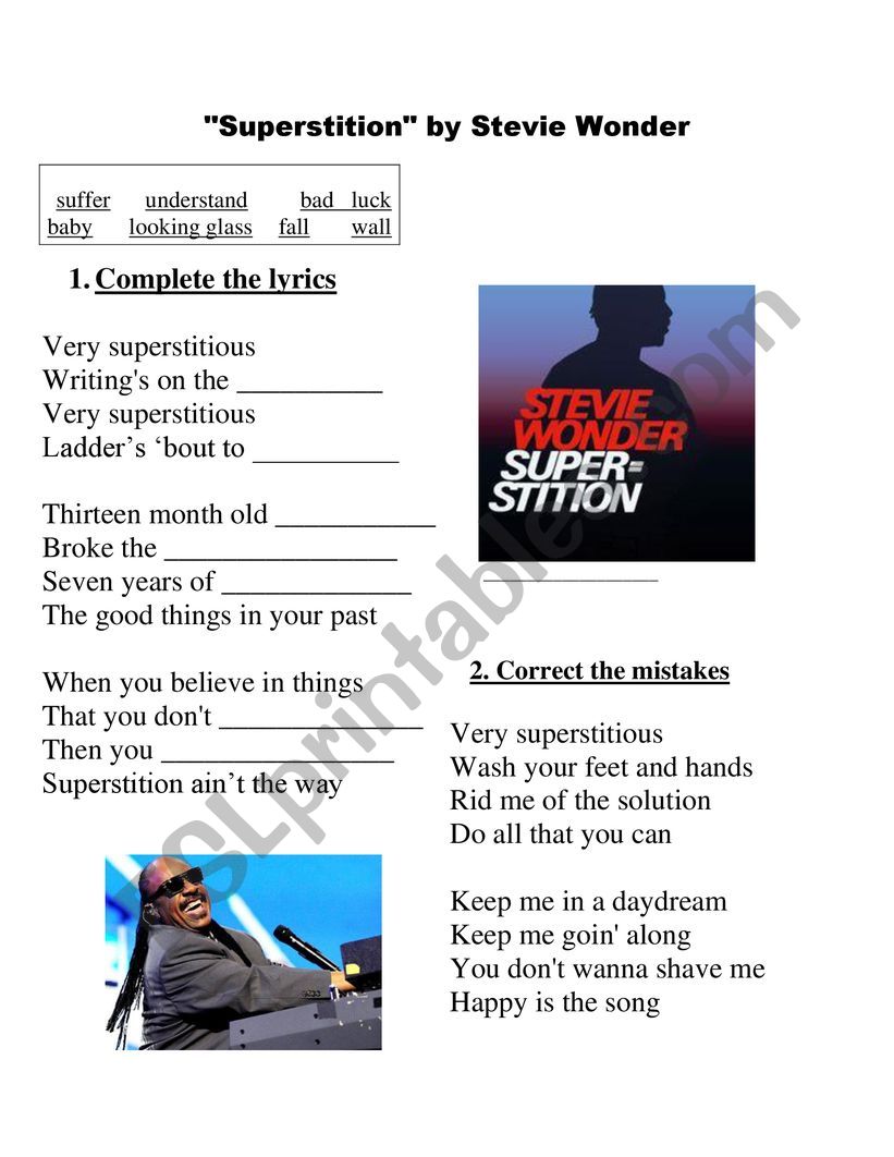 Superstitious - Stevie Wonder worksheet