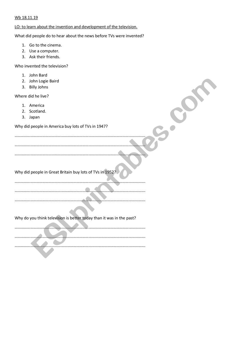 history of the tv worksheet