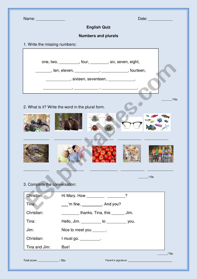 Numbers and plurals worksheet