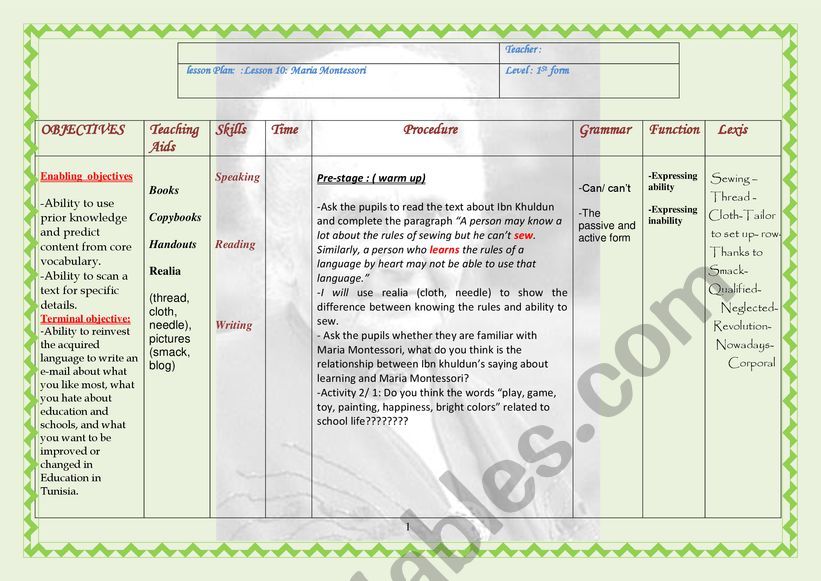 Lesson 10 Maria Montessori Lesson Plan ESL Worksheet By Aymenessess