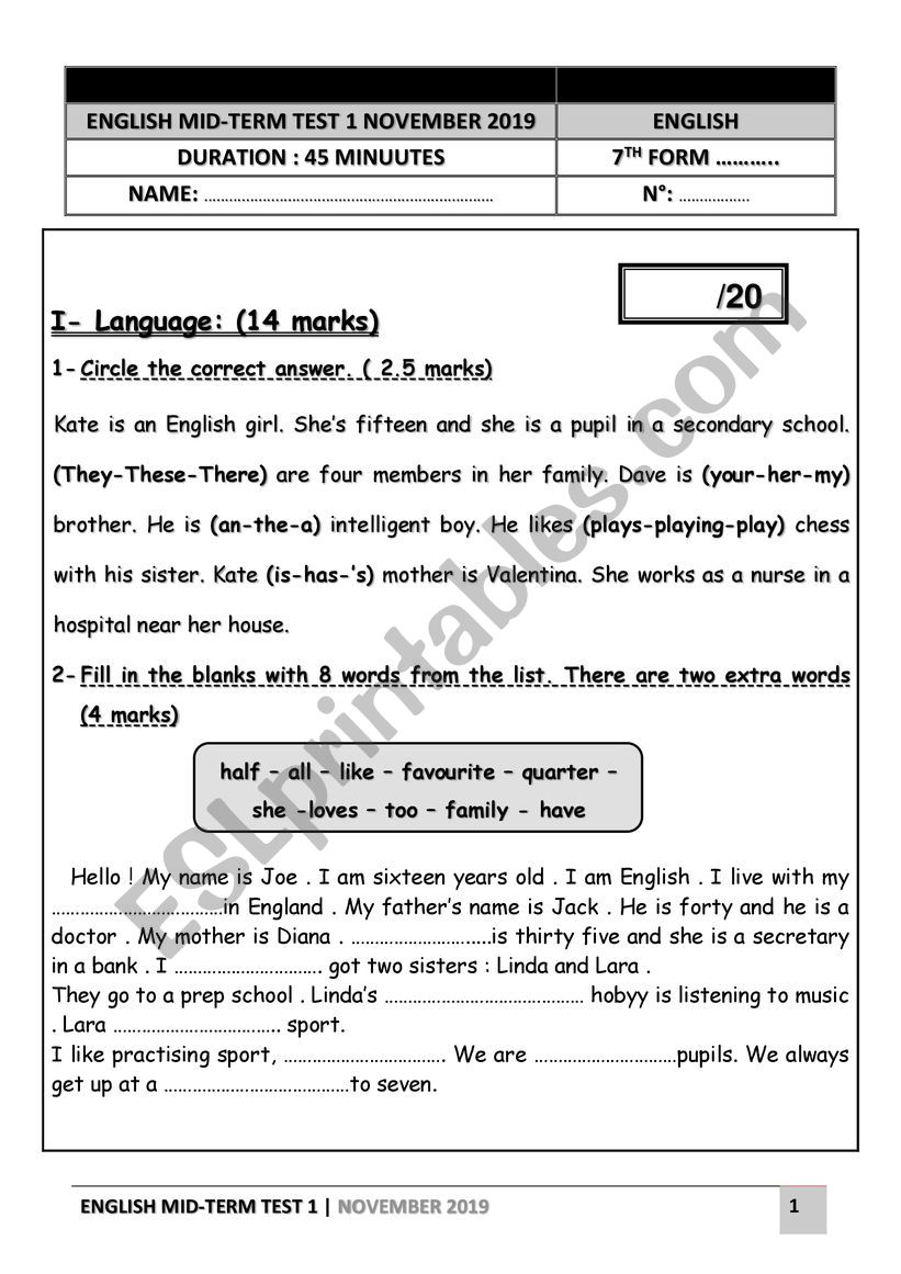 7th form Test N1 worksheet