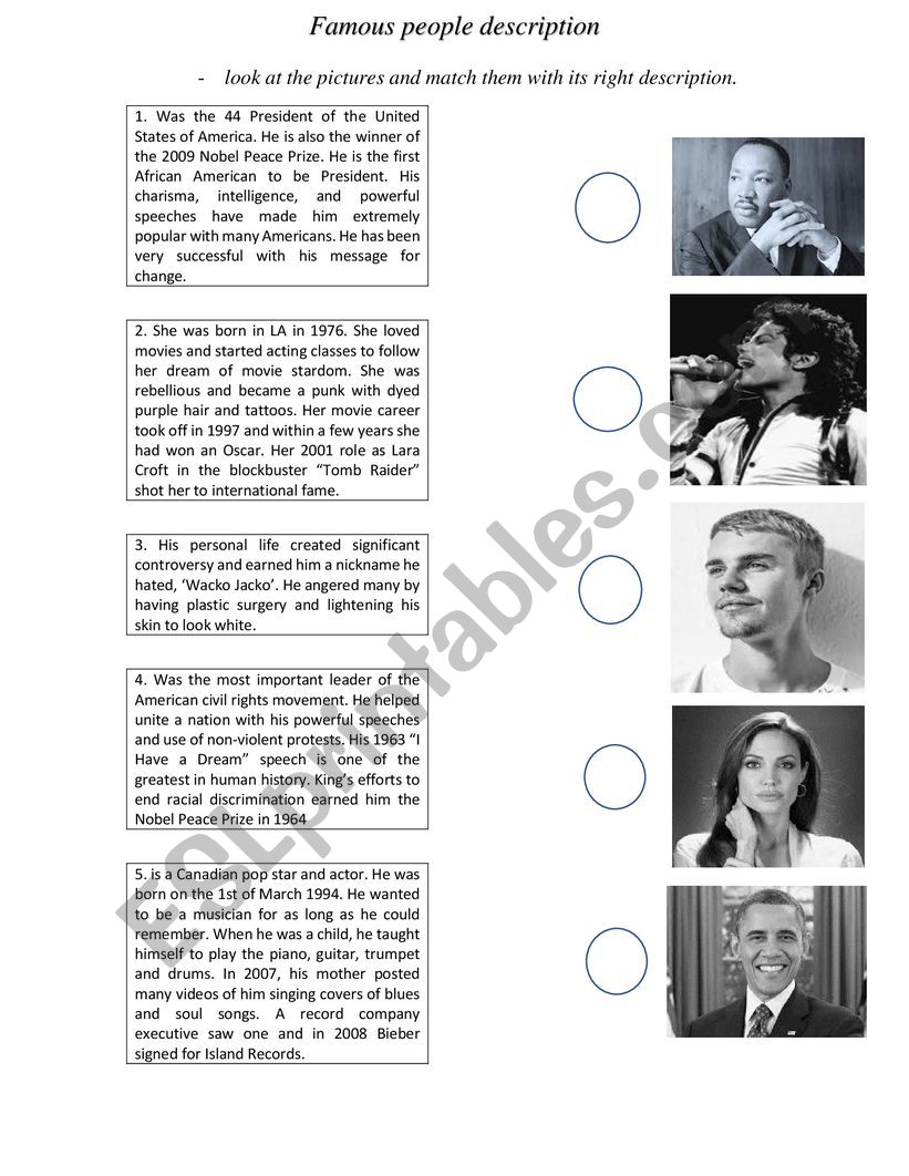 Famous people description worksheet