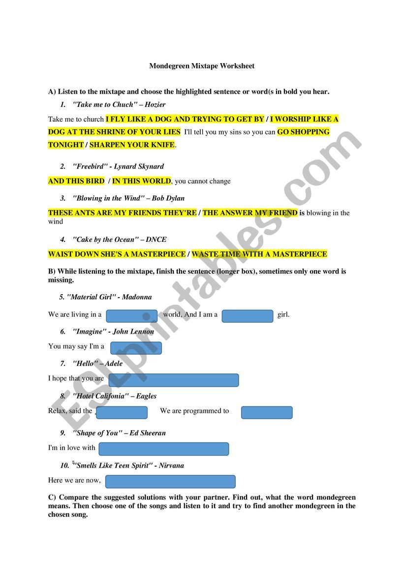 Mondegreens worksheet