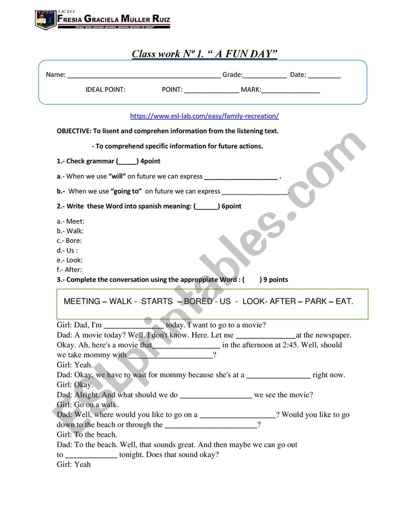 family a fun day worksheet