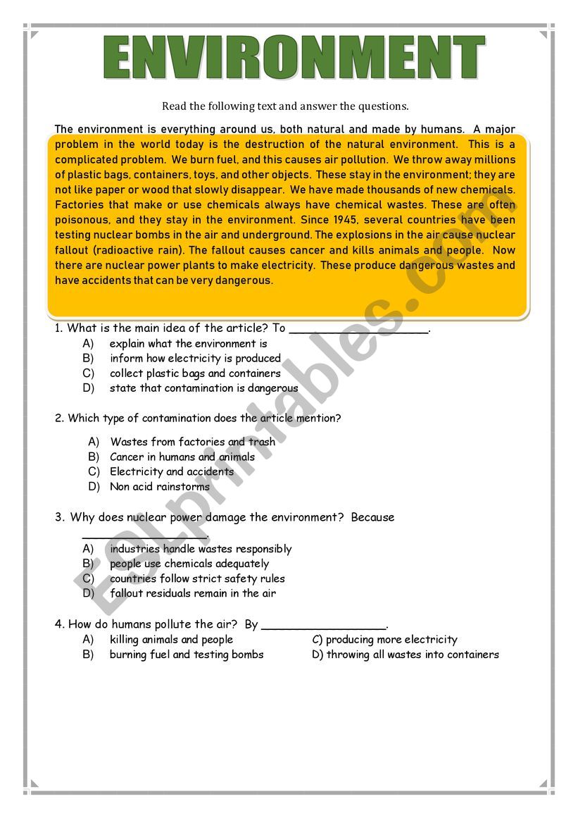 Environment and nature worksheet