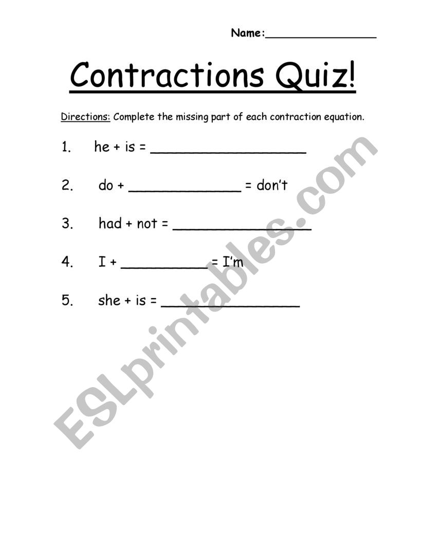 Contraction Quiz worksheet