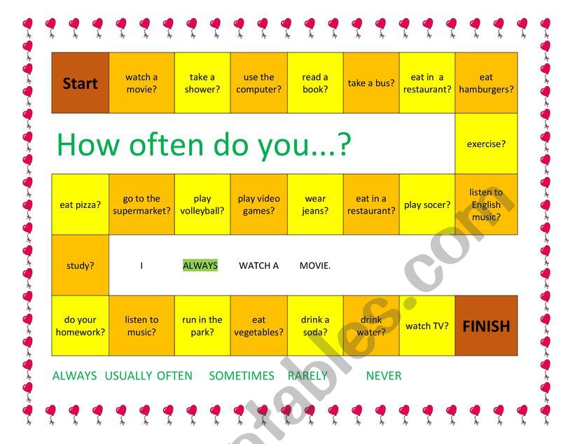 Board Game Advebs Fo Frequency Esl Worksheet By Lidy