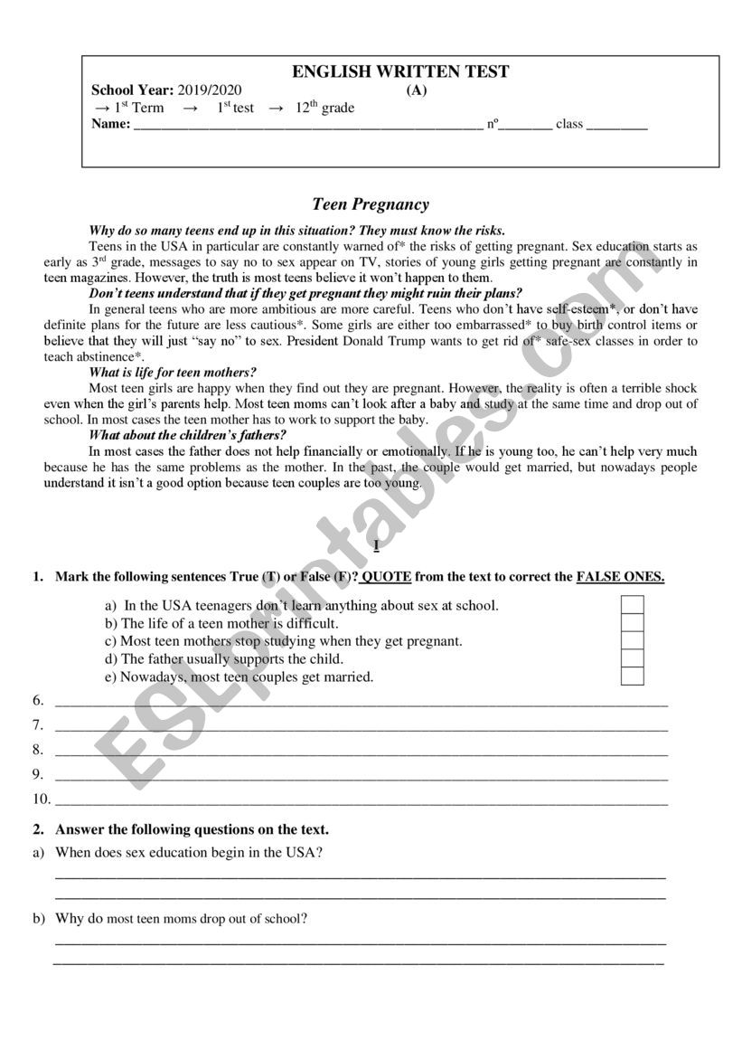 Teen pregnancy, Reading Comprehension and grammar test - ESL worksheet by  niche30