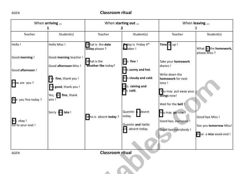 classroom ritual worksheet