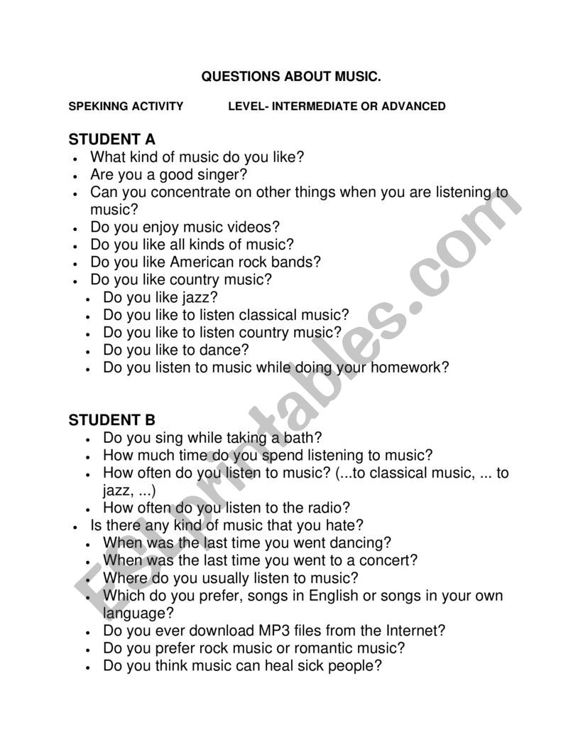 QUESTIONS ABOUT MUSIC worksheet