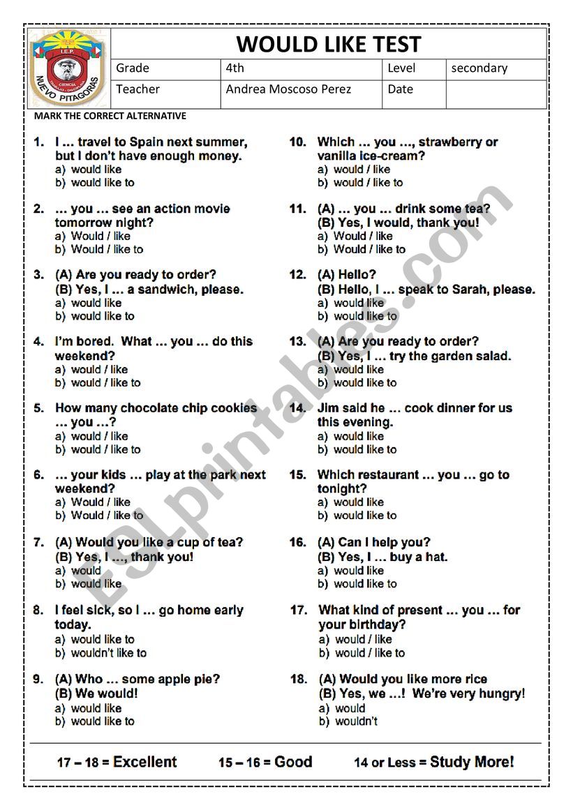 WOULD LIKE - ESL worksheet by ANDREAMOSCOSO
