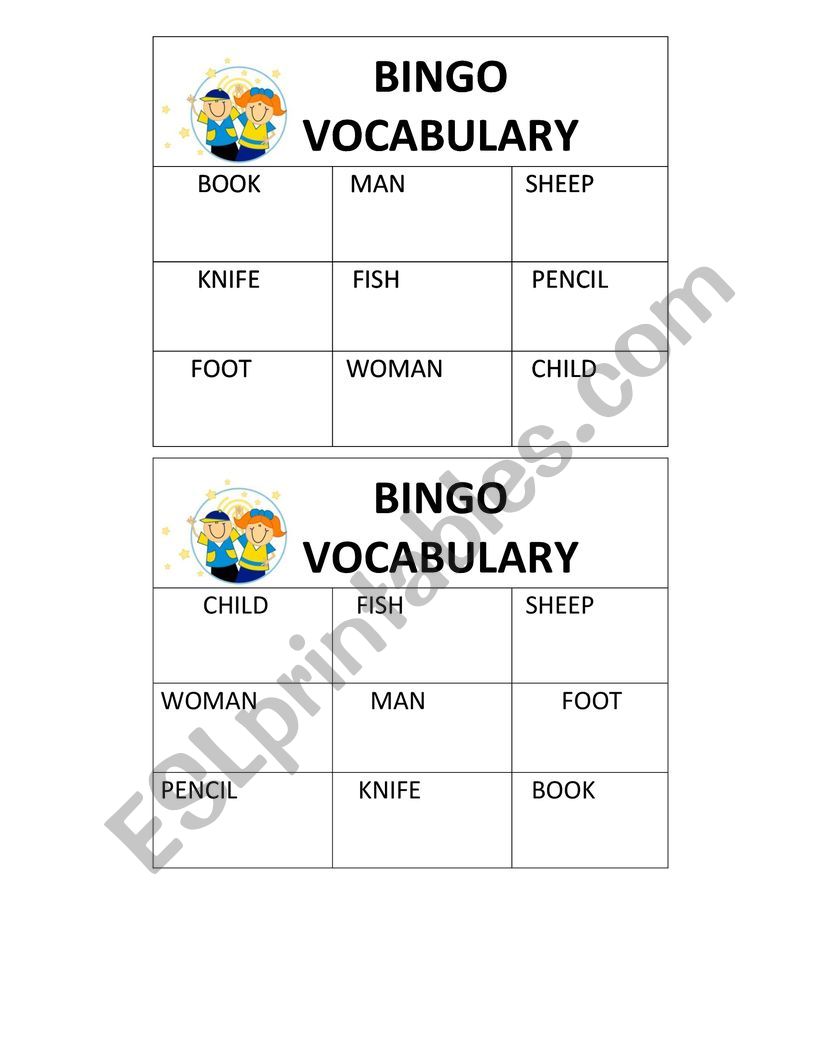 bingo irregular nouns worksheet