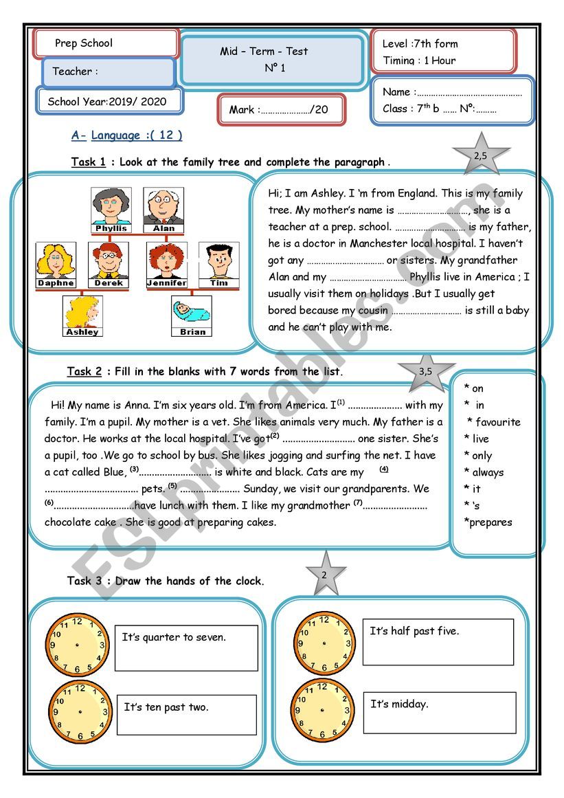 Mid-term test n°1 7th form - ESL worksheet by marane