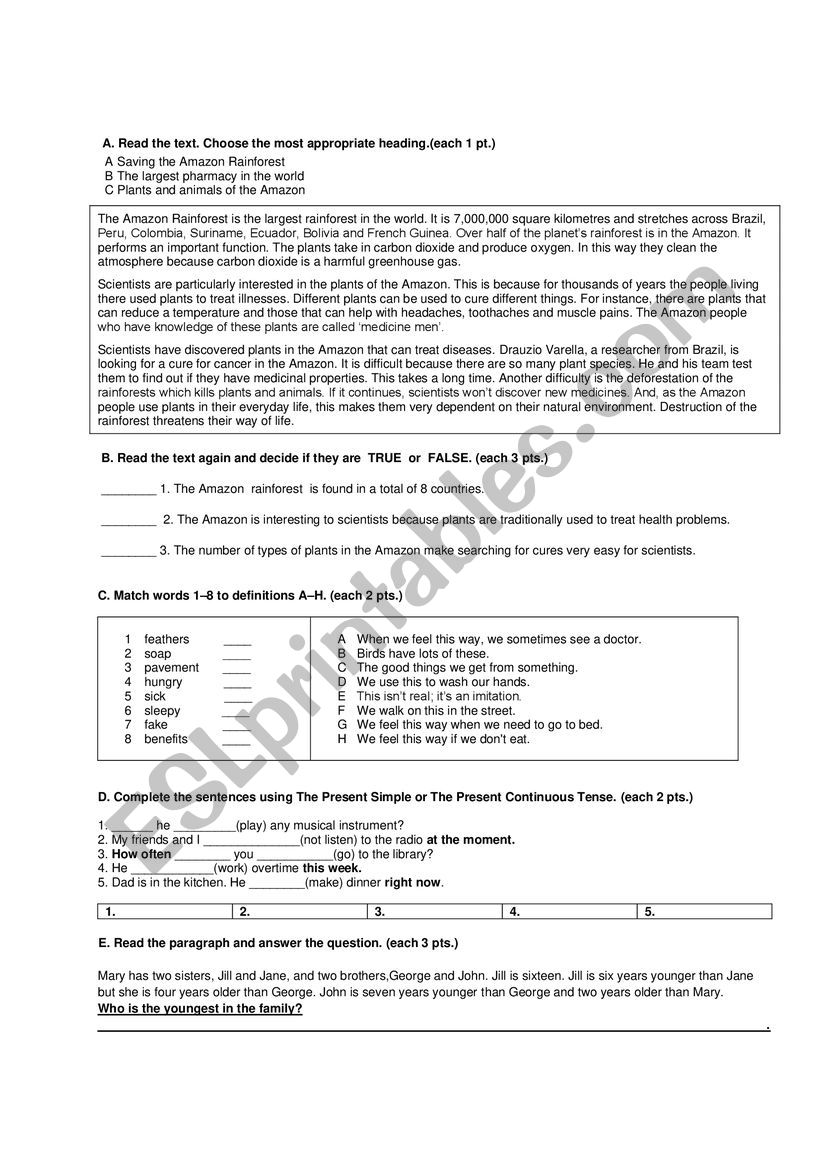 test for 10th grades worksheet