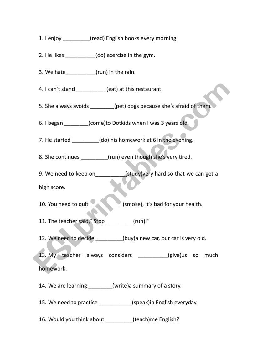 Infinitives and Gerunds worksheet