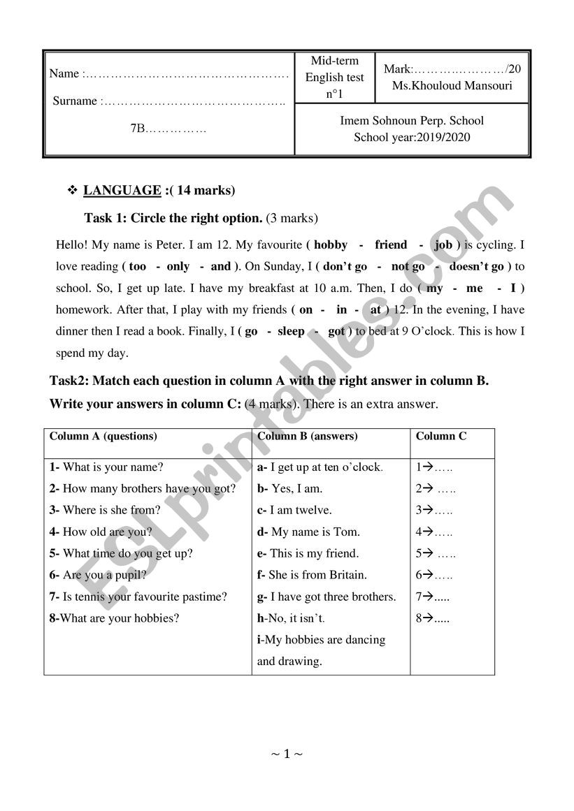 Mid-term english test 7 th form 