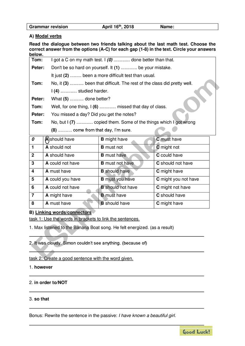 Grammar revision modal verbs, connectors