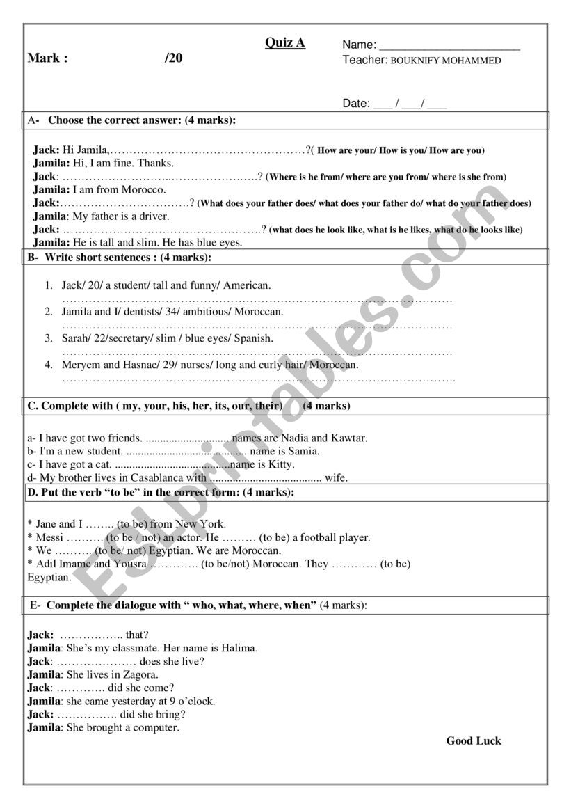 Quiz for common core - ESL worksheet by bouknifymohammed1985